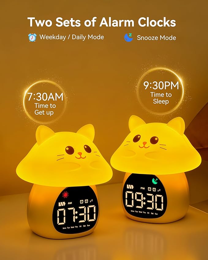 Yiliaw Sleep Training Alarm Clock with Night Light for Kids - Ok to Wake Clock with Dual Alarms, Night Light & RGB Colors, 6 Alarm Tones & White Noise, Rechargeable Clock for Boys & Girls, Cat