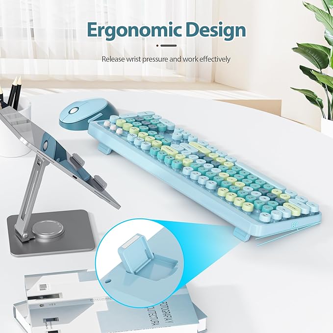 Fogruaden Blue Keyboard and Mouse Wireless, Retro Typewriter Keyboard, 2.4GHz 104 Keys Full Size Cute Keyboard with Number Pad, Blue Colorful Keyboard with Retro Round Keycaps for Windows PC Laptop