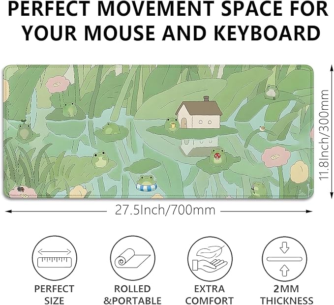 Cute Frog Desk Mat Mouse Pad,Cartoon Frog Desk Pad,Kawaii Green Desk Decor,Lotus Leaves and Flowers Desk Mat for Frog Desktop,Stitched Edges Non-Slip Rubber Base Mouse Mat for Office Home Work