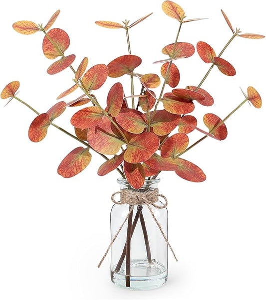 Fall Artificial Eucalyptus Stems in Glass Vase with Faux Water 14" Autumn Eucalyptus Branches Fall Home Table Decor Fake Fall Plants Stems for Farmhouse Kitchen Bathroom Decorations