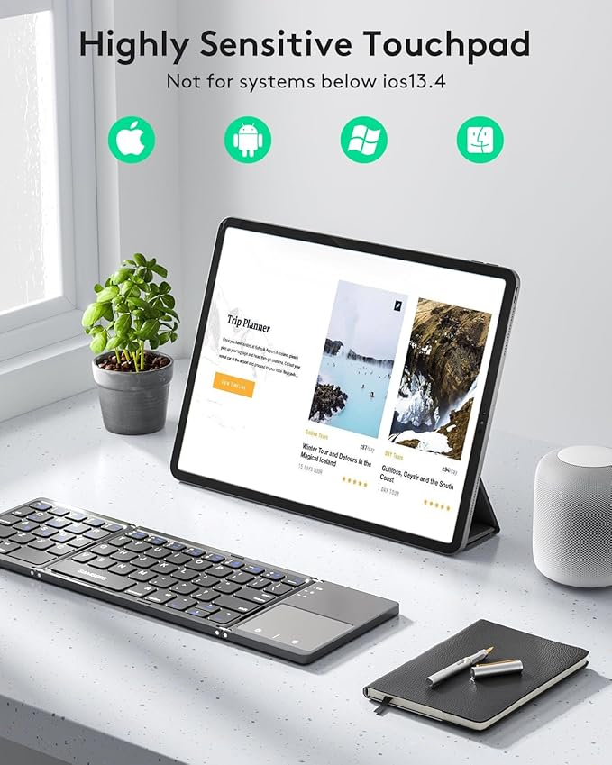 Samsers Multi-Device Foldable Bluetooth Keyboard with Touchpad Rechargeable Dual-Mode(2.4G+BTx2) Wireless Keyboard with Holder, Portable Ultra Slim Folding Keyboards for Android Windows iOS Mac OS