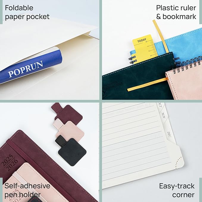 POPRUN Planner 2025-2026 Weekly Notebook (Pocket Size 4''x 6.25''), Small Academic Calendar for Purse with Spiral Soft Cover, Plastic Ruler, Inner Pocket, 100 GSM - Cerulean Blue