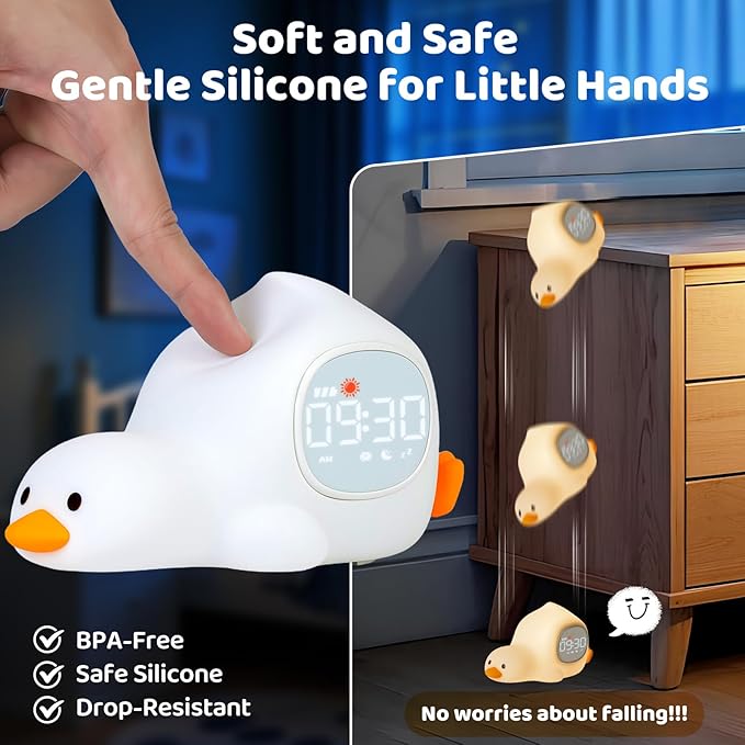 Laying Duck Alarm Clock with Night Light for Kids with Sleep Training and Sound Machine, Rechargeable Silicone Lamp OK to Wake Clock，Cute Animal Tabletop Lamp, Perfect Sleep Companion for Boys Girls