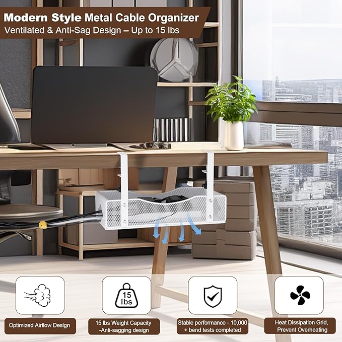 Extra Wide Under Desk Cable Management - No Drill Installation Cable Management Tray, Modern Cord Organizer for Office/Home Desk, Fits Power Strips & Wires