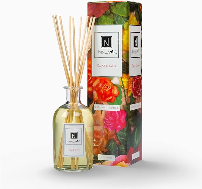 Nabila K Rose Garden Reed Diffuser Set – Damask Rose Aromatic Oil for Home – Long-Lasting, Smokeless Scent – Made in USA – Includes Reeds + Bottle – Flameless Candle Alternative