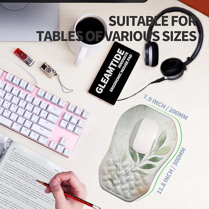 Ergonomic Raised Mouse Pad Wrist Support with Bilateral Slope Memory Foam Mousepad for Wrist Rest and Carpal Tunnel Pain Relief 11.8x7.9〃 Green Leaf