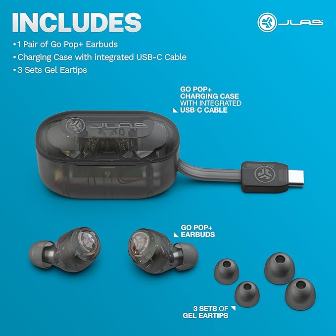 JLab Go Air Pop+ True Wireless Earbuds, in Ear Headphones, Bluetooth Earphones, 35H Playtime Ear Buds, Bluetooth Earbuds with Microphone, USB-C Charging Case, Dual Connect, EQ3 Sound, Clear