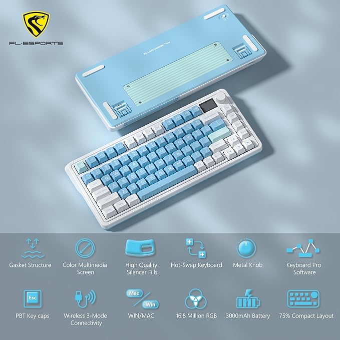 CMK75 Mechanical Keyboard: 75% Layout w/TFT Color Screen & Knob | Tri-Mode Wireless (2.4G/Bluetooth/Wired) | Hot-Swappable | Programmable | PBT Keycaps