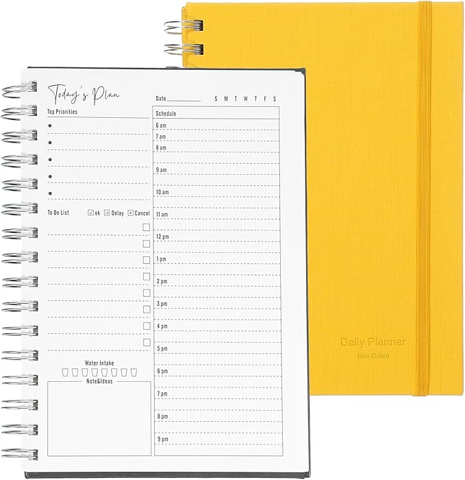PATIKIL Undated Daily Planner with Hourly Schedule, A5 5.5"x 8.5" To-Do List Hard Cover Spiral Notebook Appointments Planner with Inner Pocket to Organize Daily Tasks Agendas, Yellow