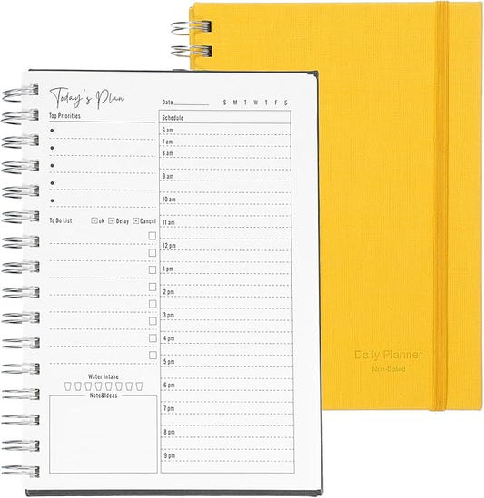 PATIKIL Undated Daily Planner with Hourly Schedule, A5 5.5"x 8.5" To-Do List Hard Cover Spiral Notebook Appointments Planner with Inner Pocket to Organize Daily Tasks Agendas, Yellow
