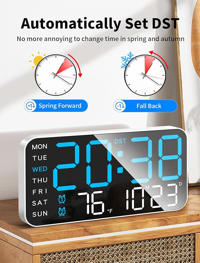 MASHI 8.4''Large Digital Wall Clock, Led Alarm Clock with Big Digits, Date, Temperature, DST, Modern Decor Design for Desk,5-Level Brightness for Room, Bedroom, Gift, Yougster and Elderly