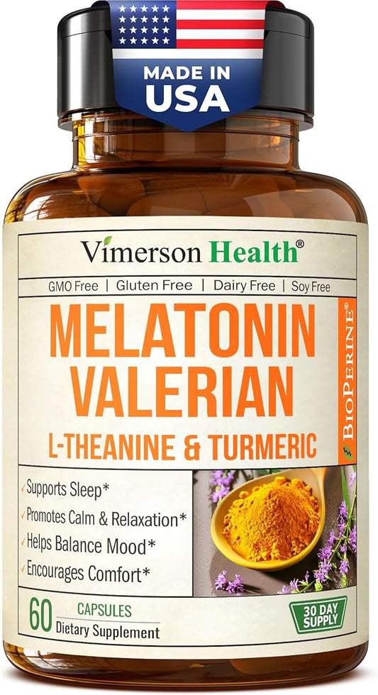 Melatonin Sleep Aid with L Theanine & Valerian Root – Turmeric Supplement – Turmeric Curcumin with Ginger & Black Pepper – L-Theanine & Melatonin 3mg for Sleep, Calm and Stress Relief – 60 Capsules