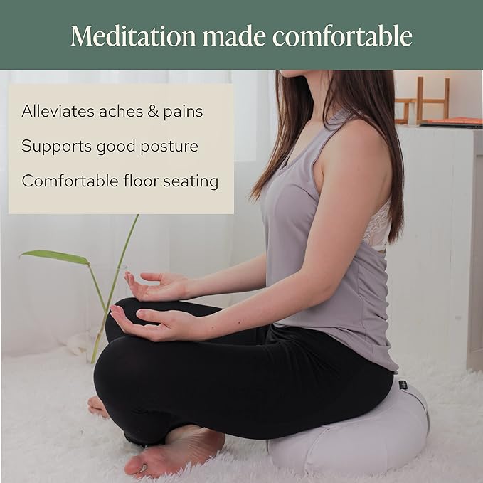 Mindful & Modern Large Meditation Cushion | Zafu Yoga Bolster Meditation Floor Pillow Seat | Buckwheat Hull Filled Crescent Shaped Cushion with Removable Washable Cover + Carry Handle