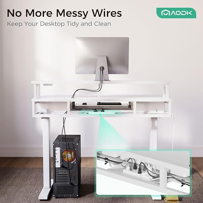 AODK Electric Standing Desk with Drawers & Keyboard Tray, 47 Inch Height Adjustable Small Gaming Desk with Power Outlets & LED Lights, Sit Stand Table with Monitor Stand for Home, Office, White