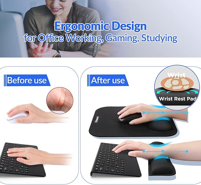 Gimars Elongate Smooth Lycra Fabric Ergonomic Mouse Pad Wrist Support, Gel Memory Foam Cushion Set Keyboard Wrist Rest Support, Pain Relieve for Computer, Laptop, Office, School, Home, Gaming, Black