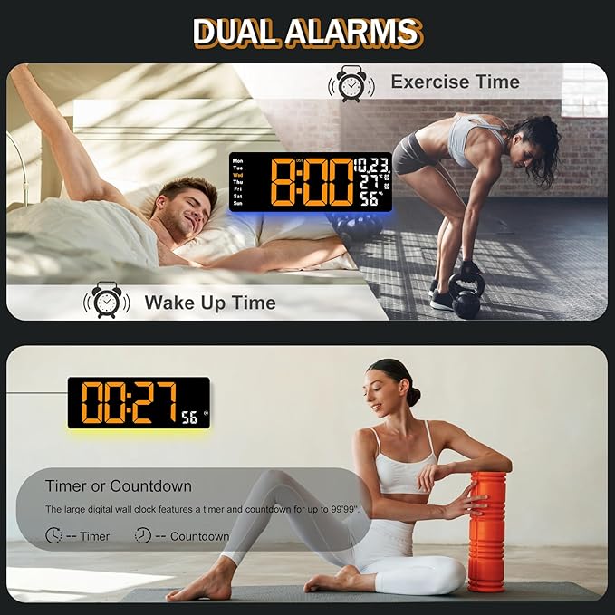 JoFomp 17.3" Large Digital Wall Clock, LED Digital Clock Large Display with Remote Control, Alarm Clock with Temp/DST/Dimmer/Humidity/Timer/Ambient Light - 12/24H, Alarm Wall Clock for Bedroom