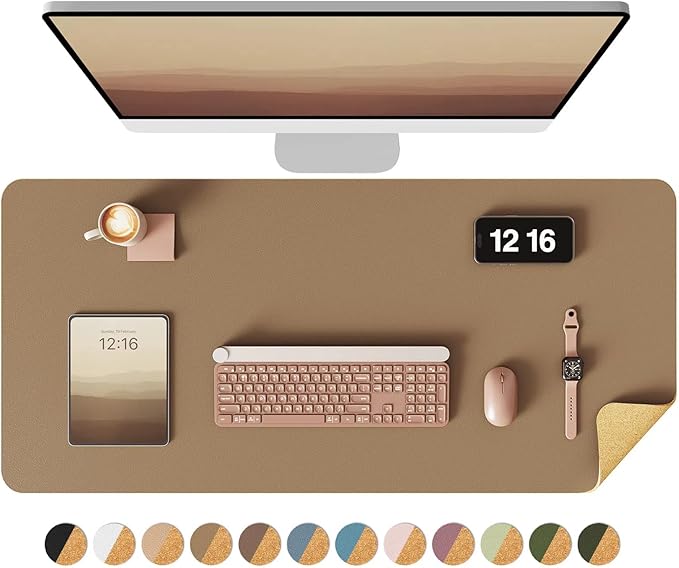 YSAGi Double-Sided Desk Pad, 35.4"x17"Leather Desk Mat, Eco Cork Desk Pad Protector,Large Mouse Pad,Waterproof Desk Blotter for Office/Home(Khaki)