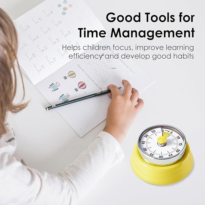 Visual Timer, Teeloray 60-Minute Countdown Timer, Kitchen Timer with Magnetic Base, Mechanical Clockwork, Ringer Alert, Time Management Tool for Children and Adults, Study/Work/Cooking (Yellow)