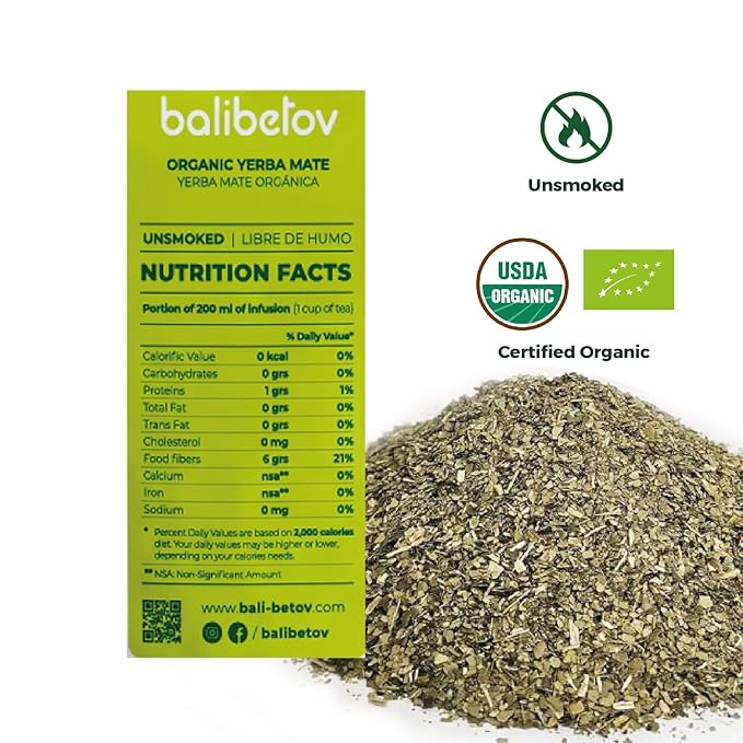 BALIBETOV Organic Yerba Mate Tea Loose Leaf, 2.2. lb. Bag, Natural Pure Leaf, Clean High Energy, Unsmoked Artisanal, Gluten Free, Vegan Friendly, Hot or Cold Drink (2.2 Pounds (Pack of 1), Pure Leaf)