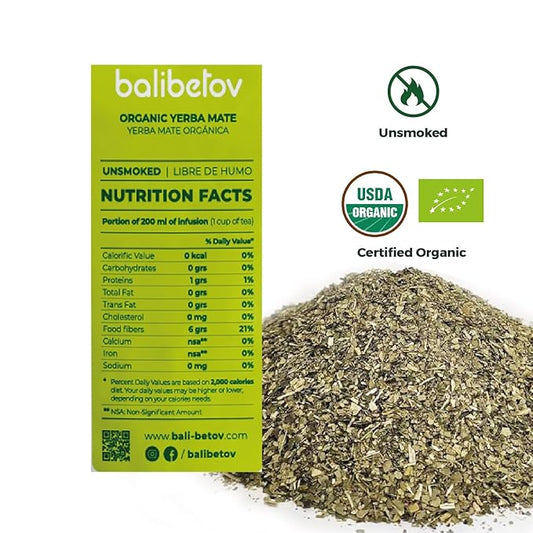 BALIBETOV Organic Yerba Mate Tea Loose Leaf, 2.2. lb. Bag, Natural Pure Leaf, Clean High Energy, Unsmoked Artisanal, Gluten Free, Vegan Friendly, Hot or Cold Drink (2.2 Pounds (Pack of 1), Pure Leaf)