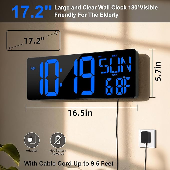 Large Digital Wall Clock with Remote Control 17.2" LED Large Display Timer with Temperature Date Week Auto DST Adjustable Brightness, Big Wall Alarm Clock for Living Room Office Garage Gym Seniors