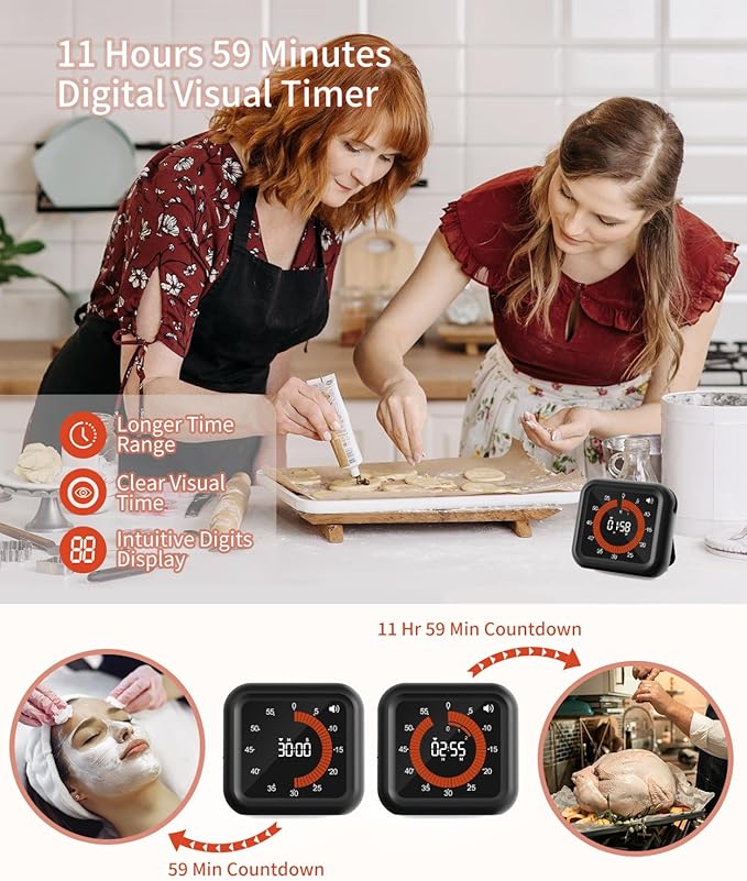 Digital Visual Timer - Large Display Magnetic Countdown Timer with Adjustable Volume and Brightness, 11H59M Memory Function for Kitchen, Classroom, Study Time Management, Seniors & Teachers