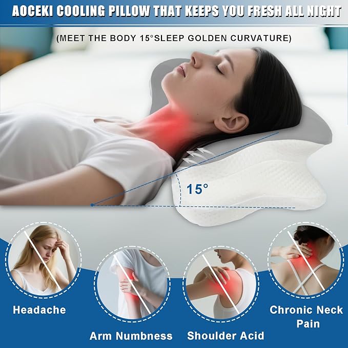 Memory Foam Pillows Cooling Cervical Pillow for Neck and Shoulder Pain Relief Ergonomic Contour Bed Pillow for Side Sleep Stomach Sleeping and Back Sleeper (Light Grey, Queen-23.2''Lx15.1''Wx4.7''H)