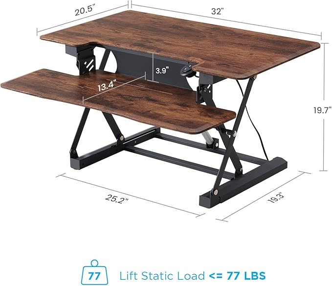 32" Electric Standing Desk Converter, Dyropcurv Series Height Adjustable Computer Desk Ergonomic Home Office Desk for Adults, Sit to Stand Desk with Quiet Motor, Vintage Brown