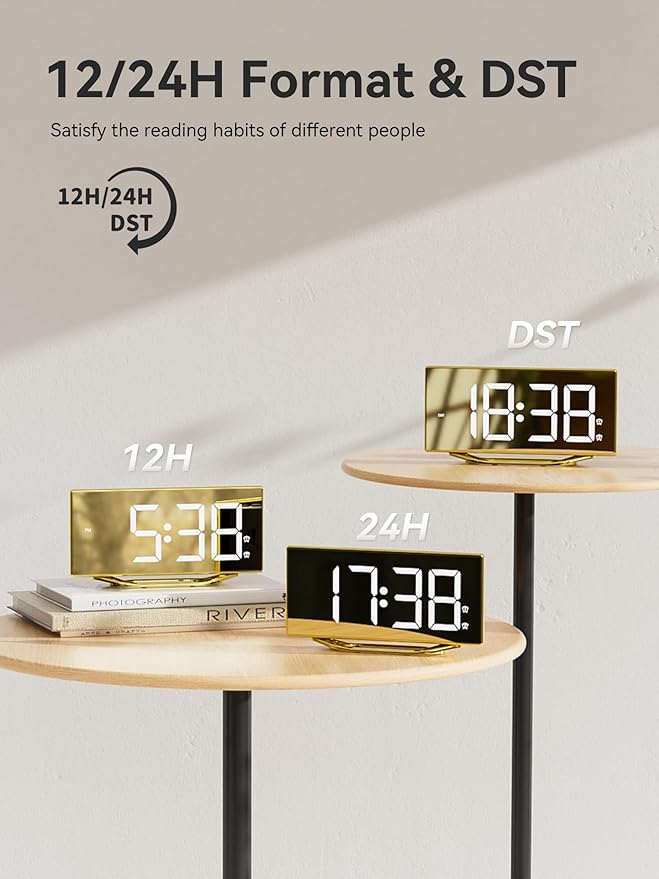 Digital Alarm Clock for Bedrooms, Slim LED Desk Clock with Gold Mirror Finish, 7 Levels Brightness, Dual USB Ports, Snooze, 12/24H, 8.7" Large Display Modern Bedside Clock for Home Office Decor