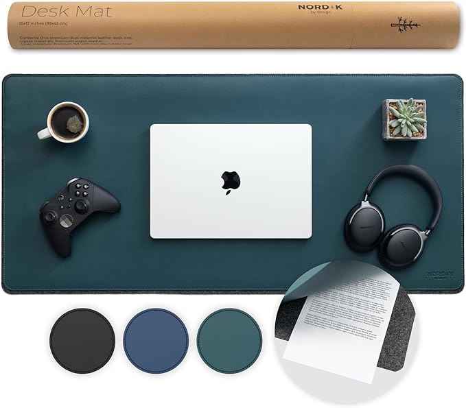Nordik Felt and Leather Desk Mat Non-Slip - Green - 35 X 17 Inch - Dual Layer - Felt and Vegan Leather Desk Pad - Document Organizers - Blotter and Desktop Mat - Protector Laptop Matt for Desktop