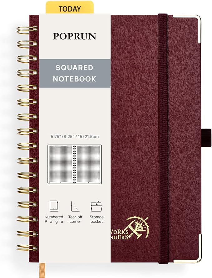 POPRUN Graph Paper Spiral Journal Notebook, [A5-5.75'' x 8.25''] - 120 GSM Thick Paper, 141 Numbered Pages, Grid Notebooks for Men & Women with Pocket, Index Tabs, 8 Perforated Sheets,Burgundy