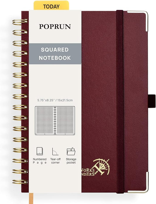 POPRUN Graph Paper Spiral Journal Notebook, [A5-5.75'' x 8.25''] - 120 GSM Thick Paper, 141 Numbered Pages, Grid Notebooks for Men & Women with Pocket, Index Tabs, 8 Perforated Sheets,Burgundy