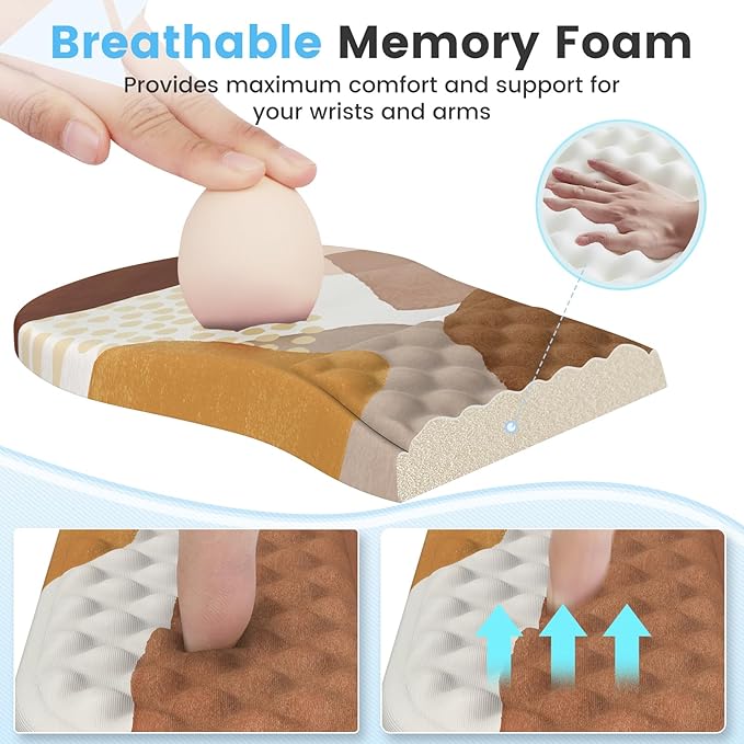 HAOCOO Ergonomic Mouse Pad with Wrist Support and Keyboard Pad Set, 3 PCS Computer Carpal Tunnel Mouse Pads for Desk with Coaster, Memory Foam Mousepad for Home Office, Brown Boho