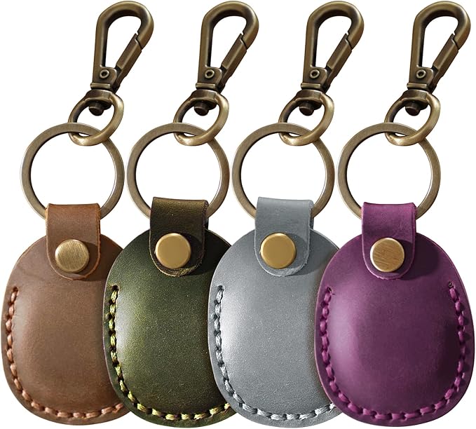 Leather Airtag Holder [ 4 Pack ] with Keychain, Portable Handmade Genuine Leather Air Tag Holder with Keyring Protective Airtag Case Cover Accessories Colorfully 4 Pack