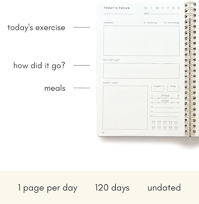 Kunitsa Co. Fitness Journal for Women - Track Workouts, Meals, and Weight Loss, Undated, Fits 120 Workouts, Dusty Blue, 6 x 8.5 Inches