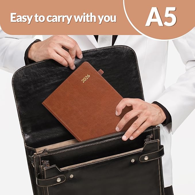 SUNEE 2026 Weekly & Monthly Hardcover Planner 5.5" x 8.3" - 12 Month (January 2026 - December 2026), Small Hardcover Planner, Pocket, Notes, 100 GSM Paper, Brown