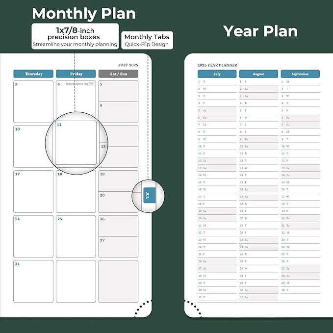 Weekly Monthly 2025-2026 Planner (July 25-Dec 26),6.5"x3.75",18 Months Agenda Plan with Month Tabs & Pocket,Expenses/Note Pages, Academic Calendar with Vegan Leather Cover,Green