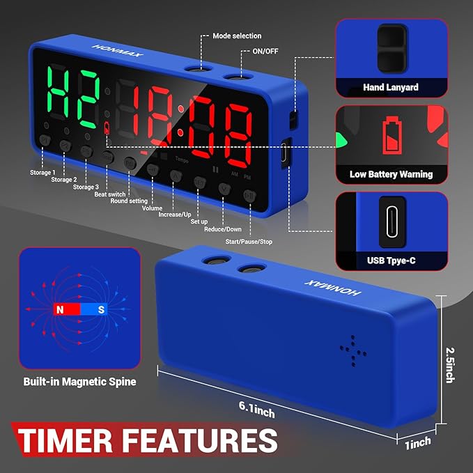 Portable Gym Timer, Fitness Clock, Home Garage Gym Workout Timer, Built-in Strong Magnet and Lithium Battery and Beat Function, Large LED Digital Anti-Vertigo Display