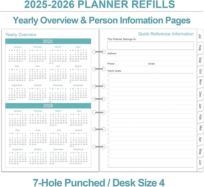 2025-2026 Planner Refills - One Page Per Day Daily ＆ Monthly Planner, July 2025-June 2026, Prioritized, To-Do List, Notes, Appointment Schedule, 7-Hole Punched, Desk Size 4, 5.8" x 8.3"
