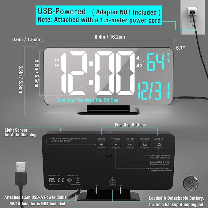 KOSUMOSU Digital Alarm Clock 6.7in Black Clock for Bedroom, Dual Alarm, Date, Seconds,Day of Week,12/24h,Dimming, Temp, Desk Clock, LED Clock for Living Room, Calendar Digital Clock