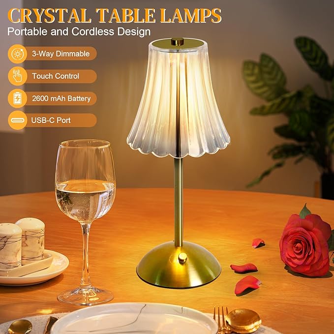 Cordless Table Lamp Rechargeable,LED 3 Colors Light Touch Dimmable Gold Small Lamp Decorative 12" for Nightstand,Bedside,Kitchen,Living Room 2600mAh High Capacity Battery Powered (Acrylic Flower)