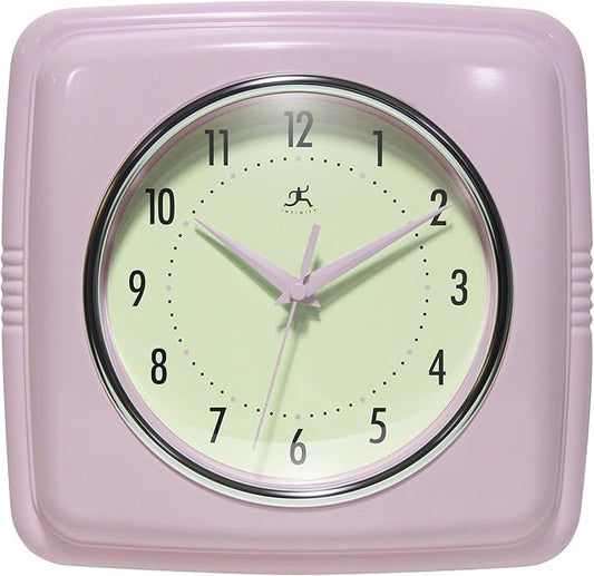 Infinity Instruments Square Retro Wall Clock, Pastel Pink, 9.25"