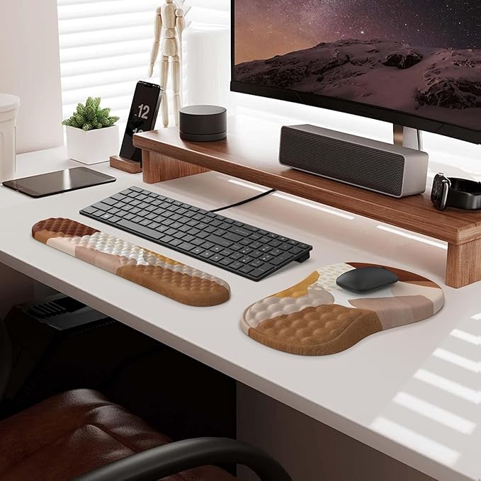 HAOCOO Ergonomic Mouse Pad with Wrist Support and Keyboard Pad Set, 3 PCS Computer Carpal Tunnel Mouse Pads for Desk with Coaster, Memory Foam Mousepad for Home Office, Brown Boho