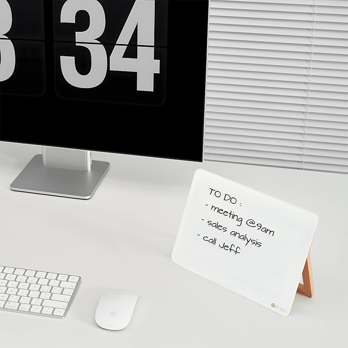 YEOUX Glass Desk Whiteboard with Reversible Wood Stand, Desktop Small White Board, Reusable Mini Dry Erase Board 6.7"x9.5" for Office, Home, School, Marker&Eraser Included