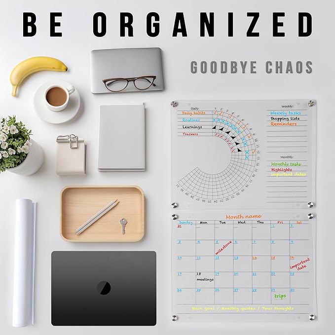 Acrylic Calendar and Habit Tracker Set - Magnetic Acrylic Calendar for Fridge - Clear Magnetic Planner for Refrigerator - Clear Dry Erase Board for Wall with pens, holder, eraser - The Goal Tracker