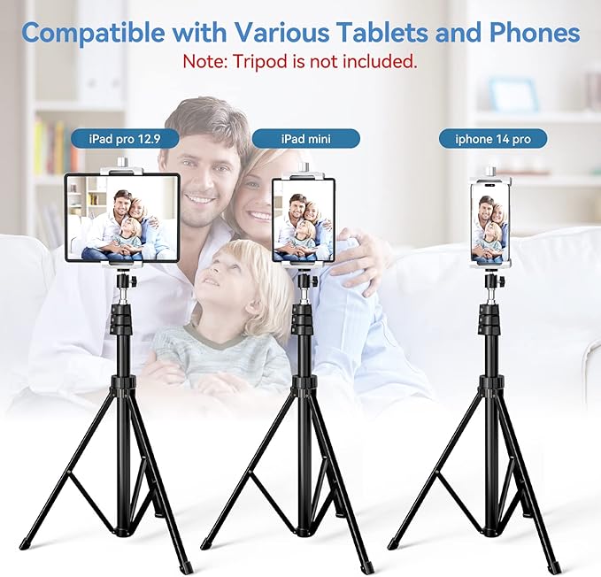 KDD iPad and Phone Tripod Mount Adapter with Ball Head, White Tablet Mount for Tripod, 360 Rotatable iPad Holder Clamp fit iPad Pro 12.9, Air Mini, Galaxy Tab, Surface Pro, Selfie (5.3-10.6’’)