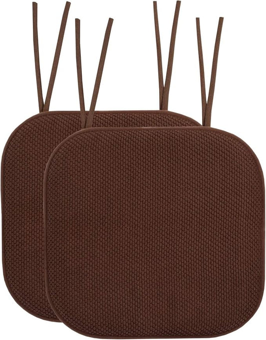 Sweet Home Collection Chair Cushion Memory Foam Pads with Ties Honeycomb Pattern Slip Non Skid Rubber Back Rounded Square 16" x 16" Seat Cover, 2 Pack, Chocolate Brown