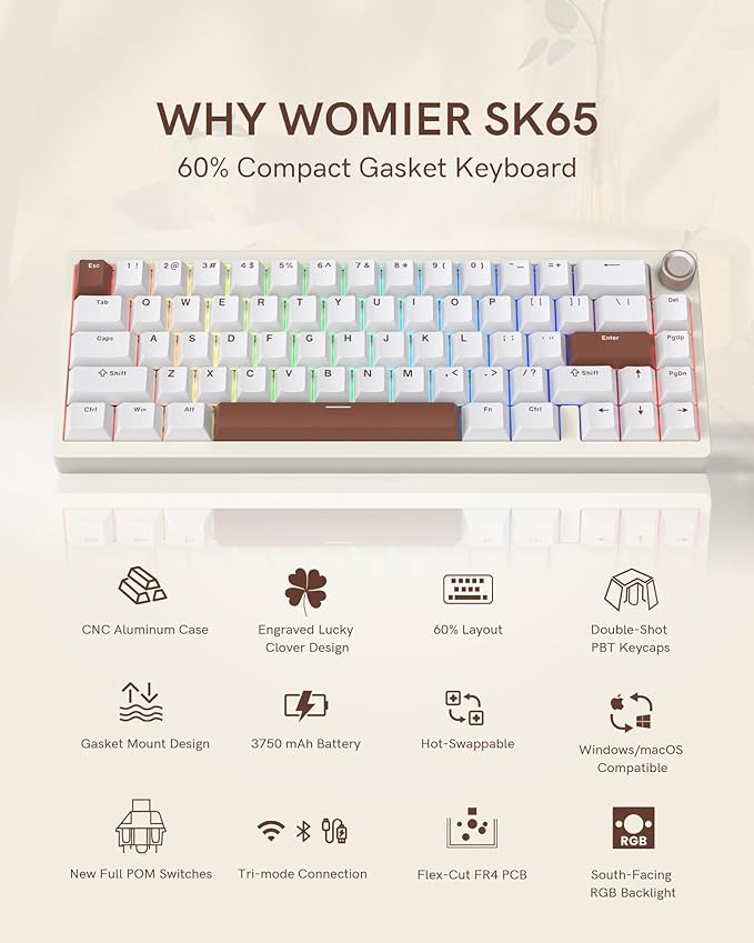 Womier SK65 Wireless Mechanical Gaming Keyboard with Knob, 60 Percent Creamy Aluminium Keyboard for PC, Bluetooth 5.0/2.4GHz/USB-C Wired, Hot Swappable Custom Lineaner Switch, RGB Backlit, Beige