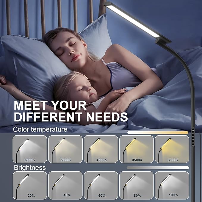 Light Therapy Lamp 10000 LUX UV-Free Happy Lamp,3 Heights Desk & Floor Sun Lamp, 5 Colors & 5 Brightness Levels with Timing Function (Black)