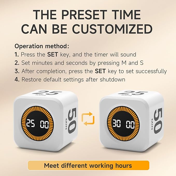 Rotating Productivity Timer 5, 25, 10, 50 Minutes Preset, Desk Cube w/Gravity Sensor for ADHD, Mute Functions, Ideal for Work, Study, Kitchen, Back to School (1, White)
